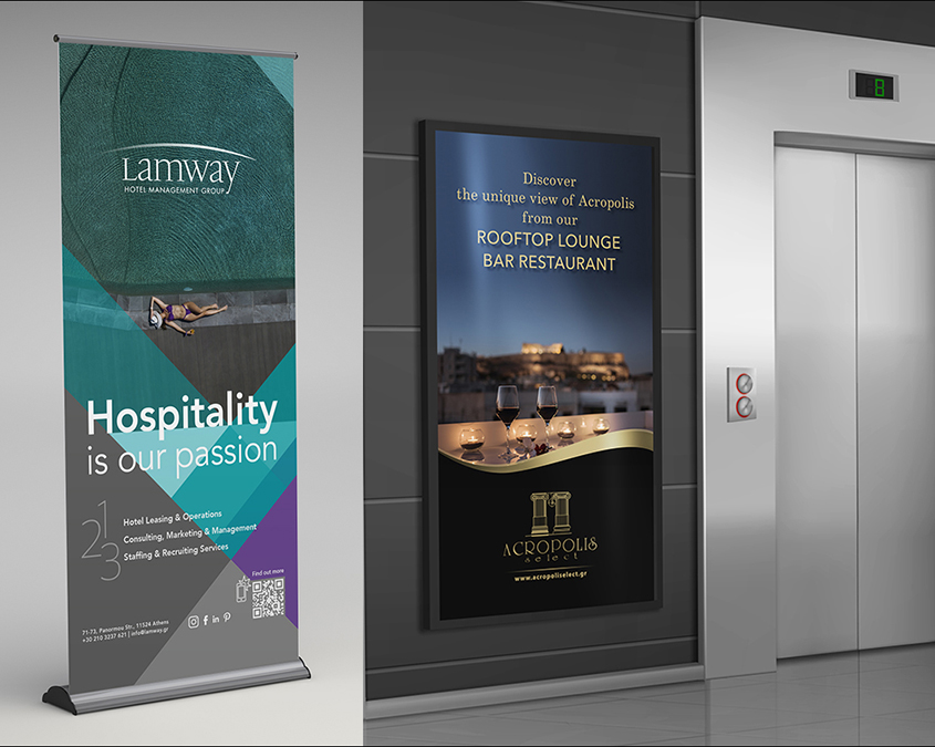Realistic elevators with close door and ad poster