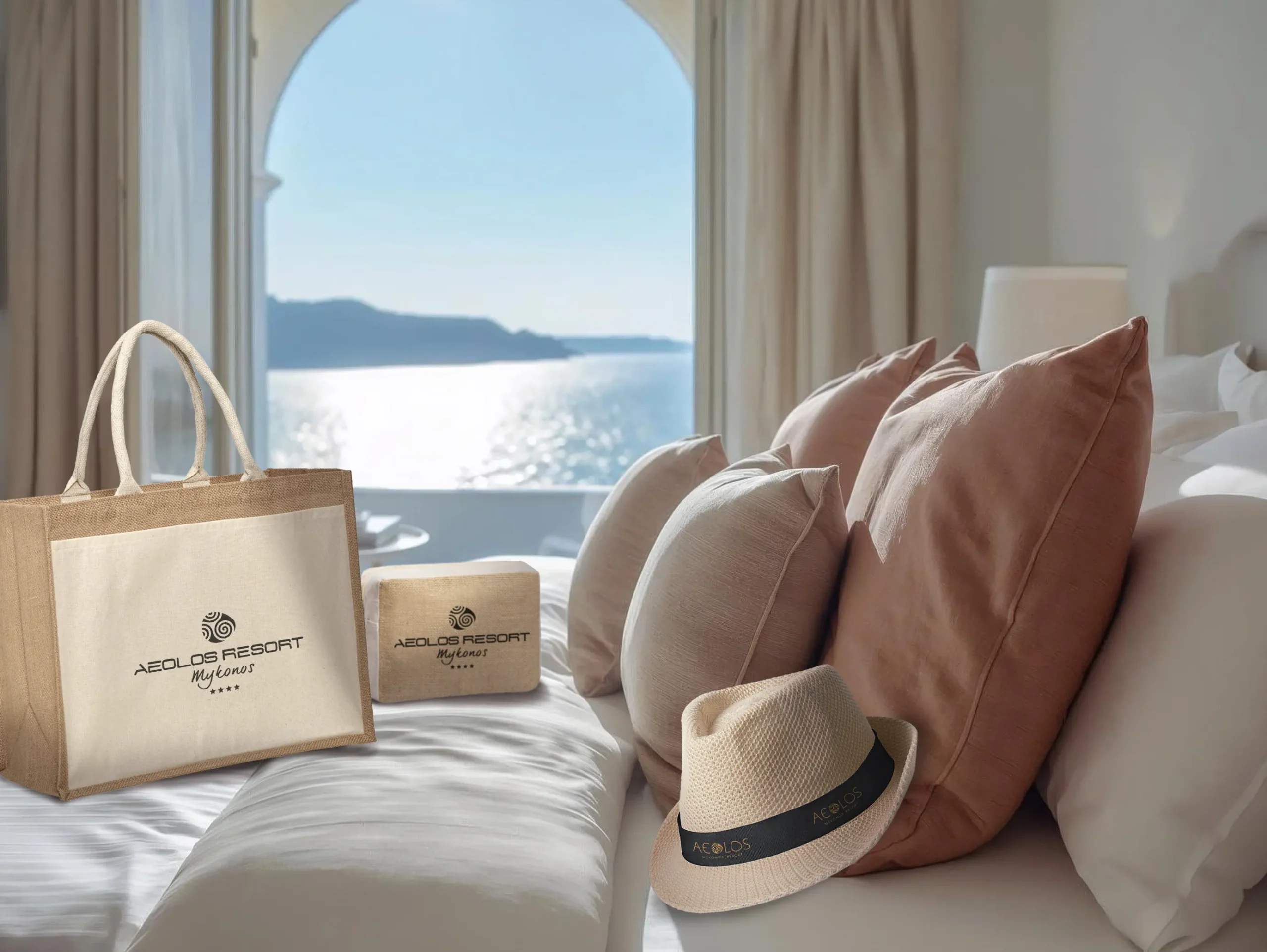 selection of branded hotel items and accessories on bed at a hotel room