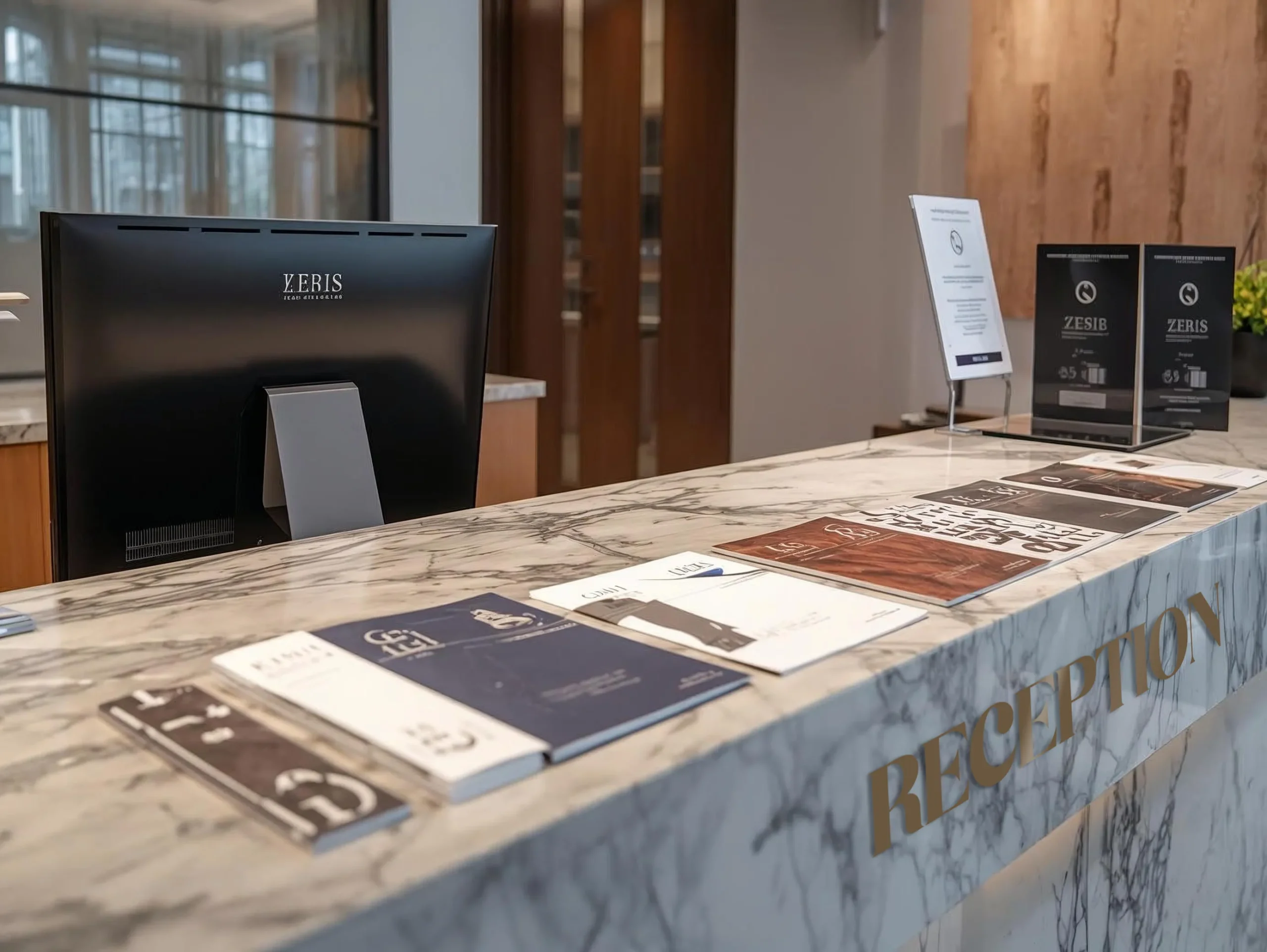 hotel reception desk branding and guest check in area